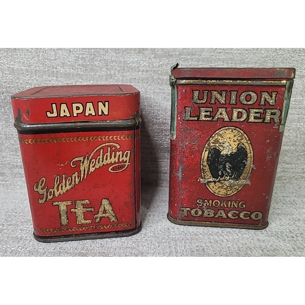 Union Leader Smoking Tobacco Pocket EMPTY &‎ Japan Golden Wedding Tea Tins VTG